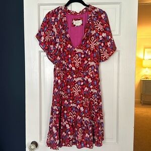 Anthropologie printed dress v-neck ruffle detail size small